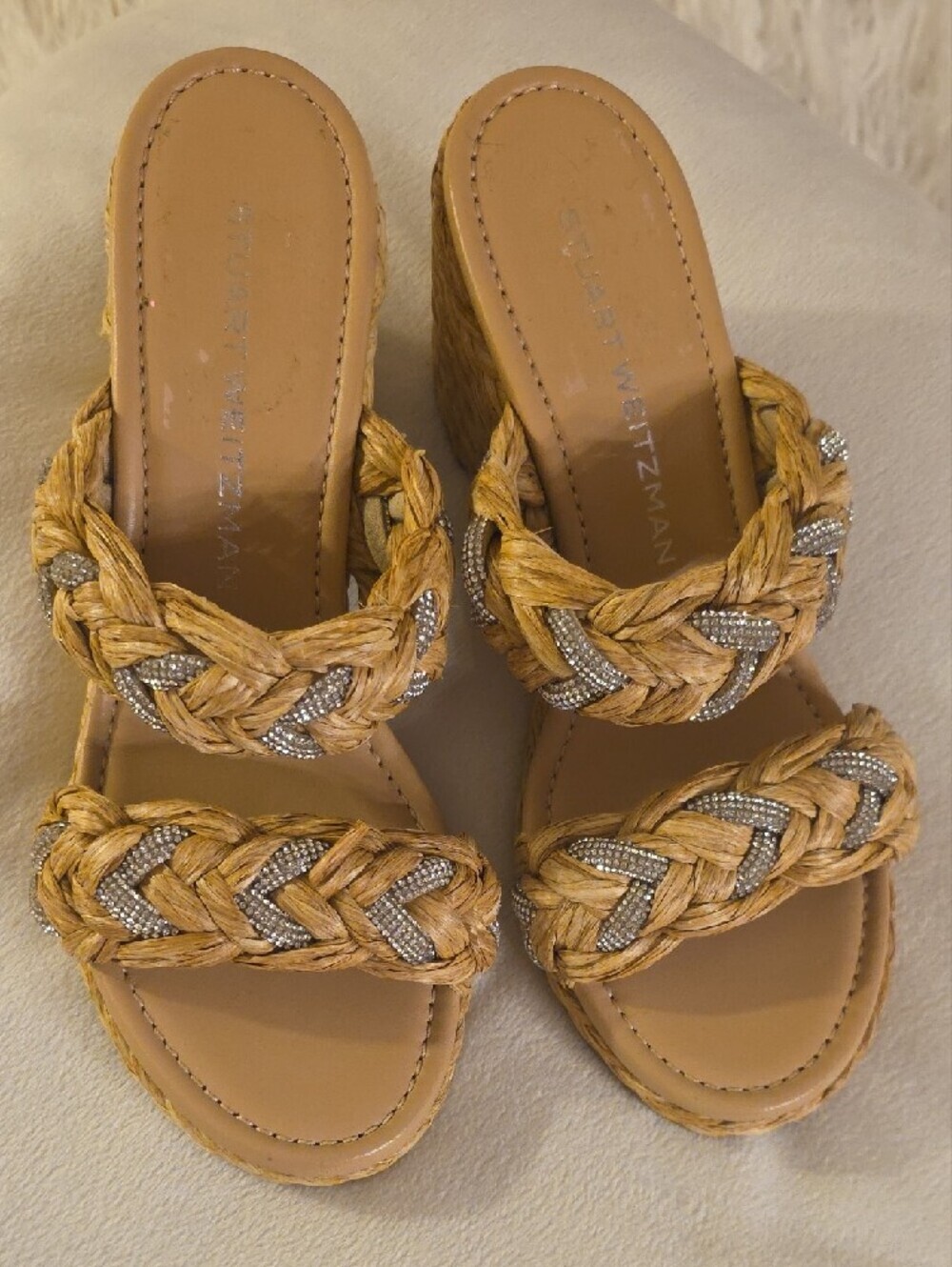 Stuart Weitzman LANA Natural Braided Raffia Wedge Sandals with Crystal Accents 8 - Picture 4 of 16
